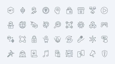 NFT ince çizgi simgeleri vektör illüstrasyonunu ayarlar. Sanat koleksiyoncusu, engelleme zinciri ve ethereum, madencilik kripto para birimi, pazar yerinde alım-satım ve takas sanatçılarının dijital sanat simgelerini ana hatlarıyla özetle
