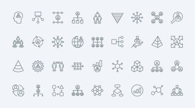 Çizelge organizasyonu ince çizgi simgeleri vektör illüstrasyonunu ayarlar. Şirket departmanının ana hiyerarşi yapısı. Çalışanların iş gücü ve müdürü, organizasyonel yönetim akış şeması.