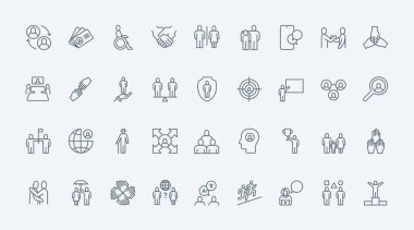 Millet, toplum ince çizgi simgeleri vektör illüstrasyonunu belirler. İnsan toplumu ve iş dünyası organizasyon sembolleri, insan ve aile siluetleri, cinsiyet eşitliği, destek ve ortaklık
