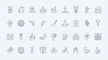 Şarap ince çizgi simgeleri vektör illüstrasyonunu ayarlar. Şarap, şarap ve mahzen fıçısı, şarap kadehi ve alkol şişesi, bar ve restoran menüsünün ana hatları ve tatma içeceği, test kokusu