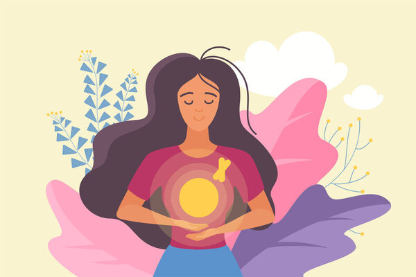 Mental health, optimism and healthy wellbeing vector illustration. Cartoon happy young optimistic woman holding bright sun in chest, in inner space of open soul, love and self development of girl