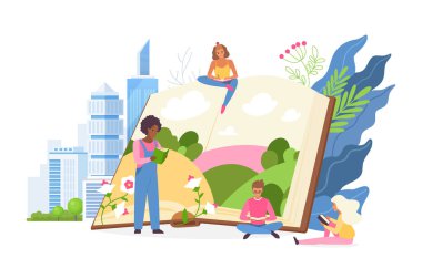 Kitap vektör illüstrasyonundan sihirli bir ilham. Çizgi filmlerdeki küçük mutlu insanlar yaratıcı hikayeler ve roman okur, yazar, fantezi ve ilham duygularının sanat yaratımını düşünür ve eğlenir.