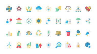 ESG düz simgeleri vektör illüstrasyonunu ayarlar. Şirket yönetimi, yatırım ve kuruluşun organizasyonu, mali bakım, güvenlik ve etik için piktogramlar, sosyal kriterler.