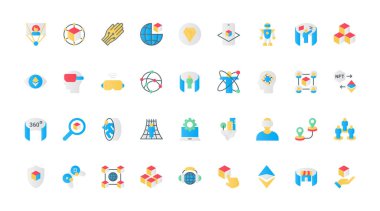 Metaverse düz simgeler vektör illüstrasyonunu ayarlar. Sanal dünya simülasyonu için 360 yuvarlak görüşlü Piktogram VR gözlükleri, video oyunu için yenilik kulaklığı, engelleme zinciri ve NFT sembolleri.