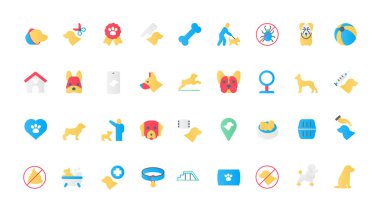 Kasede ve oyuncaklarda evcil hayvan yiyeceği, köpek pençesi ve köpek kulübesi, farklı cins ve sahiplere hizmet ve yardım. Köpek bakımı, eğitim, veteriner yassı simgeler vektör çizimi.