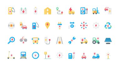 Elektrikli araçlar ve enerji yassı simgeleri vektör illüstrasyonunu ayarlayın. Çevreyi kurtarmak için EV servis sembolleri, elektrik enerjisi verimli tüketim, üretim ve depolama, pil şarj noktaları.