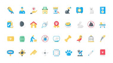 Hayvan bakımı, yiyecek, veteriner malzemeleri, düz ikonlar, vektör çizimi. Akvaryumdaki hayvanlar, kuşlar ve balıklar için oyuncaklar, veteriner doktor ve taşıyıcı, hayvan dostu resim koleksiyonu..