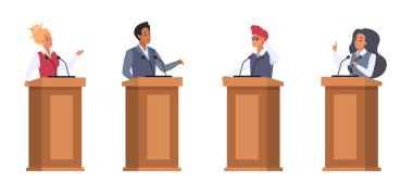 Podyumların arkasında mikrofonlu hoparlörler vektör çizimi yapıyor. Karikatür halkı soyutladı ve politikacılar konuşuyor.