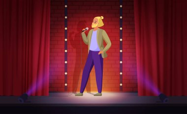 Sahnedeki stand-up komedi gösterisi erkek komedyen vektör illüstrasyonuyla. Komik adam elinde mikrofonla konuşuyor, şakalar yapıyor, komik adam kırmızı perdelerin önünde dikiliyor.