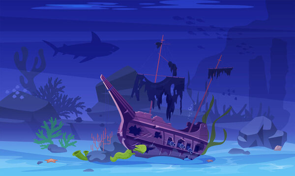 Sunken pirate ship on sea or ocean bottom vector illustration. Cartoon underwater shipwreck scene of boat on seabed and abstract silhouettes of marine creature, school fish and undersea coral