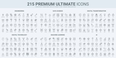 Yapay zeka ve akıllı teknoloji, bilim araştırmaları ve ince siyah çizgi simgeleri öğrenen makine vektör çizimi. Veri analizi otomasyon ve koruma, robot ve sinir ağı sembollerini özetle
