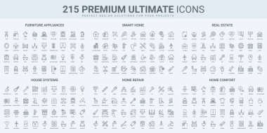 Gayrimenkul, akıllı ev ve bina onarım servisi ince siyah çizgi simgeleri vektör illüstrasyonunu ayarlar. Ev sistemi, mobilya ve aletler için otomasyon denetimi sembolleri, konfora erişim