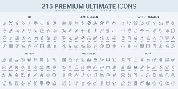 Sanat tasarımı, multimedya ve müzik, müzenin yaratıcı içeriği ince siyah çizgi simgeleri vektör illüstrasyonunu belirler. Sanatçının boya fırçası, radyo ve sinema ve kültür koleksiyonunun ana hatları.