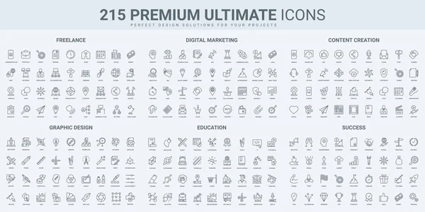Grafik tasarım, içerik reklamcılığı ve ince siyah çizgi simgelerinin pazarlanması vektör illüstrasyonunu belirler. Ofis ve serbest meslek, SEO ve başarı kararı, eğitim ve portföy sembollerini özetle