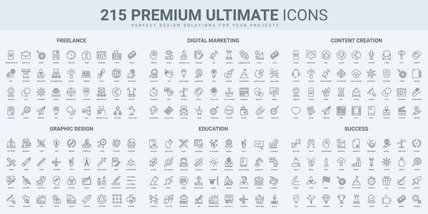 Graphic design, content advertising and marketing thin black line icons set vector illustration. Outline symbols of office and freelance remote job, SEO and success decision, education and portfolio