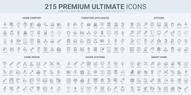 Akıllı ev sistemi, kontrol erişimi, mobilya ve ev onarım servisi ince siyah çizgi simgeleri vektör illüstrasyonunu ayarlar. Bakım ve aşçı aletleri, yatak odası ve mutfak, garaj sembolleri.