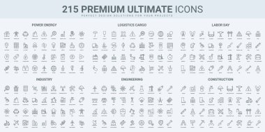 Güç endüstrisi ve enerji, teslimat ve kargo, inşaat ince siyah çizgi simgeleri vektör illüstrasyonunu ayarlayın. Mühendislerin çalışma ve çalışma sembolleri, eko fabrikası ve yeşil teknoloji, lojistik