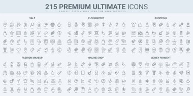 Çevrimiçi mağaza satışları, moda alışverişi ve makyaj, para ödeme ince siyah çizgi simgeleri vektör illüstrasyonunu ayarlar. Ekommerce, kupon ve indirimlerin ana hatları, destek hizmetleri, cüzdandaki tasarruflar
