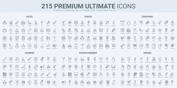 Otel konukseverliği, eğlence etkinliği ve seyahat, ince siyah çizgi ikonları içmek vektör illüstrasyonunu ayarlamak. Resepsiyon ve restoran sembolleri, mağazadan alışveriş, yoga ve müzik.