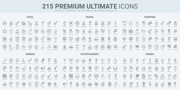 Гостиничное гостеприимство, развлекательные мероприятия и путешествия, напитки тонкой черной линии иконки установить векторную иллюстрацию. Очертания символов приема и ресторан, магазины в магазине, йога и, музыка