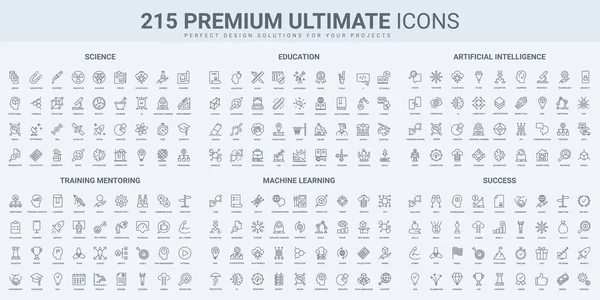Bilim araştırmaları ve eğitim, yapay zeka ve makine öğrenme ince siyah çizgi simgeleri vektör illüstrasyonunu belirler. Dijital teknolojinin ana sembolleri, eğitim ve danışmanlık başarısı, robot ekipmanları