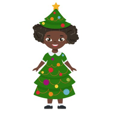 Noel ağacı çocuk kostümü. Bayram kış partisi karnaval vektör karikatür çizimi