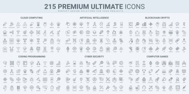 Bulut hesaplama, program geliştirme, gizlilik ince çizgi simgeleri vektör çizimi. Bilgisayar ve mobil oyunların ana simgeleri, yazılım kodu ve AI, ağ erişimi ve veri koruması