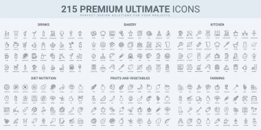 Yiyecek ve içecek tatma, tarım tarım ürünleri ve mutfakta yemek pişirme. Siyah çizgi simgeleri vektör illüstrasyonunu belirler. Diyet besin, fırın ve aşçı tarifi, meyve ve sebzelerin ana hatları.