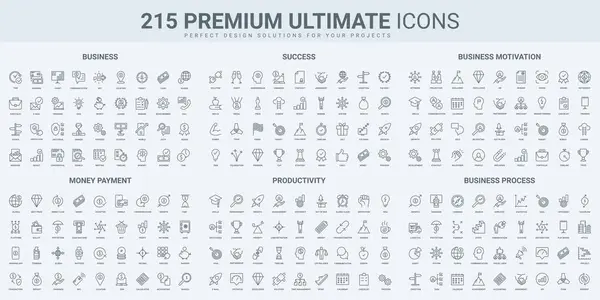 Para ödemesi, iş başarısı yönetimi ve üretkenlik ince siyah çizgi simgeleri vektör illüstrasyonunu belirler. Şirket sorunlarının ana simgeleri, finans iletişimi ve işbirliği, muhasebe