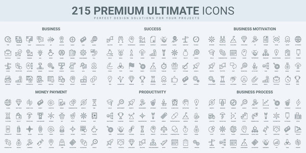 Money payment, business success management and productivity thin black line icons set vector illustration. Outline symbols of company challenge, finance communication and collaboration, accounting