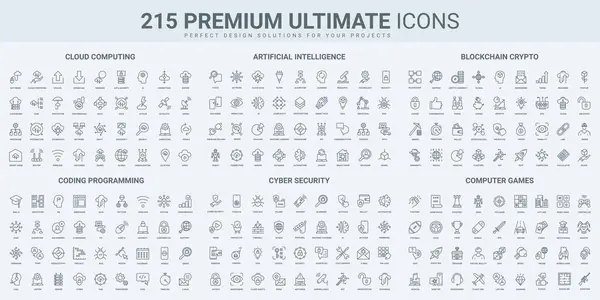 Bulut hesaplama, program geliştirme, gizlilik ince çizgi simgeleri vektör çizimi. Bilgisayar ve mobil oyunların ana simgeleri, yazılım kodu ve AI, ağ erişimi ve veri koruması