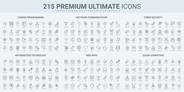 Program kodu ve ağ iletişimi, medya ince siyah çizgi simgeleri için mobil uygulama vektör illüstrasyonunu ayarlayın. Çevrimiçi video ve televizyon, veri koruması ve bulut hesaplama, destek sembollerini özetle