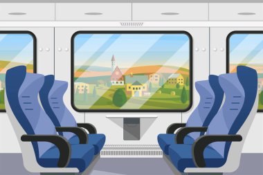 İçerideki tren kompartımanı, rahat yolcu koltukları olan boş tren vagonu. Modern taşıt konfor içinde seyahat etmek için, yazlık köy manzarası pencere karikatür vektör çizimi dışında