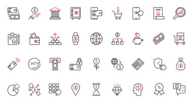 Kırmızı siyah ince çizgi simgeleri finans, muhasebe analiz servisi ve analitik, banka hesabı, para kar büyümesi, doğrusal borsa veri araştırma bilgi vektörü ilülasyonu