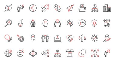 Red black thin line icons set for business cooperation, human resource development, problem solving, company risk insurance, team building and management, leadership assistance vector illustration. clipart