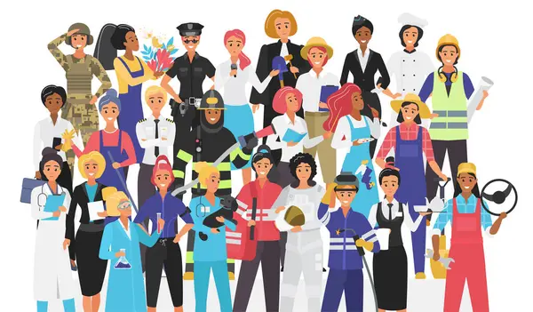 Crowd of women of different professions vector illustration. Cartoon isolated diverse team, strong group of professional female workers standing together, many various young characters in uniform