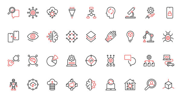ИИ модные красные черные тонкие линии иконки устанавливают векторную иллюстрацию. Цифровой мозг робота и автоматического машинного обучения, наука будущего и сетевые процессы автоматизации, электронная интеллектуальная технологическая система