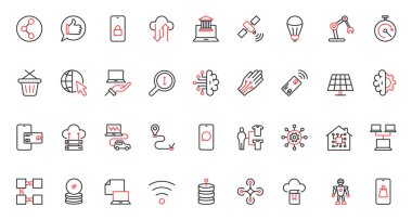 Dijital teknoloji, ağ iletişimi ve ekipman trendi kırmızı siyah ince çizgi simgeleri vektör illüstrasyonunu ayarlar. Akıllı ev güvenliği, ödeme ve alışveriş, İHA ve robot otomasyonu, veri transferi