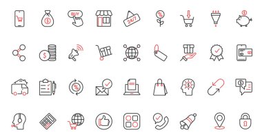 Ticari trend kırmızı siyah ince çizgi simgeleri vektör illüstrasyonunu ayarlar. Mobil uygulamalarla çevrimiçi iş koleksiyonu teslimat ve ödeme, müşteri desteği hizmetleri iletişimi, perakende satış