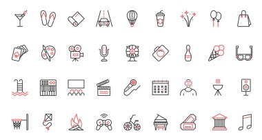 Yeşil enerji ekolojisi trend kırmızı siyah ince çizgi simgeleri vektör illüstrasyonunu ayarlar. Çevre koruma, eko başlangıç teknolojisi, geri dönüşüm fabrikası, mikroskop ile araştırma, küresel ısınma ve kentleşme