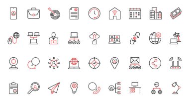 Serbest çalışma, ev ofisinin kırmızı siyah ince çizgi simgeleri vektör illüstrasyonunu ayarlar. Uzak konumlara, verimliliğe ve özgeçmiş portföyüne sahip serbest çalışanların çevrimiçi iletişimi ve işbirliği.