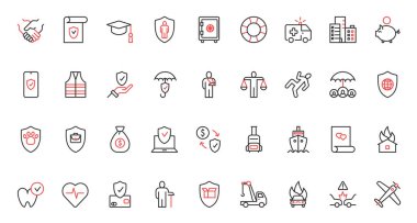 Sağlık, sağlık, emlak ve iş için küresel mali koruma kalkanı, evlilik sözleşmesi ve eğitim anlaşması. Sigorta eğilimli kırmızı siyah ince çizgi simgeleri vektör illüstrasyonunu ayarlar.