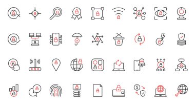 Siber güvenlik sistemi, sunucuda sunucu, güvenli kablosuz bağlantı küresel GPS, kalkanla veri güncelleme koruması kabul edildi. Çevrimiçi güvenlik modası kırmızı siyah ince çizgi simgeleri vektör illüstrasyonunu ayarla.