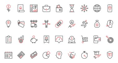 Banka hesapları, harita raporları, dağıtım ve sözleşme tahsilatları. Maliye ve bütçe, ekonomi, mali yatırım ve tasarruf trendi kırmızı siyah ince çizgi simgeleri vektör illüstrasyonunu belirledi.