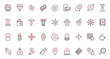 Banka hesap koruması ve kâr, cüzdan mobil uygulamalı alışveriş, POS terminali. Para ödemesi, mali muhasebe, tasarruf ve bankacılık trendi kırmızı siyah ince çizgi simgeleri vektör illüstrasyonunu ayarla.