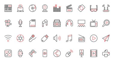 Video kamera ve mikrofon, fotoğraf, film ve müzik kütüphanesi mobil uygulaması, kulaklıklar ve oyunlar. Çokluortam içeriği, ekipman ve eğlence modası kırmızı siyah ince çizgi simgeleri vektör illüstrasyonunu ayarlar.