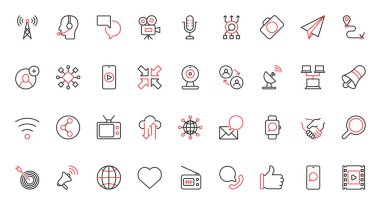 Küresel destek, iletişim kulesi uydu sistemi, e-posta bildirim sohbet mesajları sembolleri. Sosyal medya küresel ağ teknolojisi için belirlenmiş kırmızı siyah ince çizgi simgelerinin vektör illüstrasyonu.