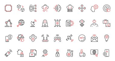 Modern yenilikler, akıllı ev dijitalleştirmesi, yapay zeka sinir ağı, robotlar, güvenlik servisi dijital verileri de dahil olmak üzere, modaya uygun siyah ince çizgi simgelerinin vektör çizimi teknoloji geleceğini belirledi.