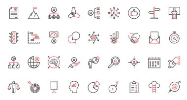 Vektör illüstrasyonu kırmızı siyah çizgi simgeleri iş yönetimi insan kaynakları organizasyonu, yön ve verimlilik çoklu görev iletişimi, özgeçmiş arama, başarı