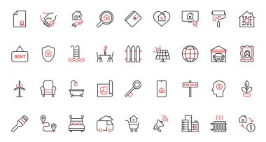 Vektör illüstrasyon kırmızı siyah ince çizgi simgeleri emlak, kira, satış anlaşmaları, ipotekli mülk, aile evi, garaj gibi